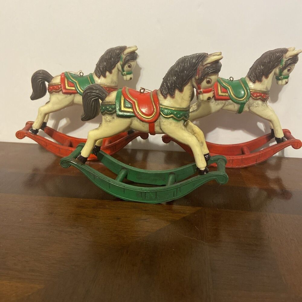 Vintage Rocking Horses Christmas Ornament Pony Plastic Set of 3 (2 with hangers)